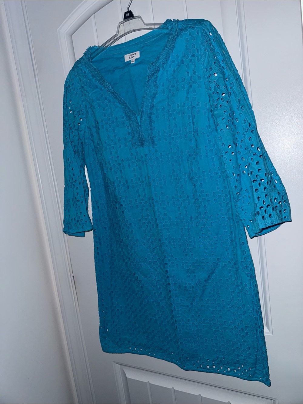 Crown & Ivy Size 2 Teal Eyelet Shift Dress 3/4 Sleeve Cotton